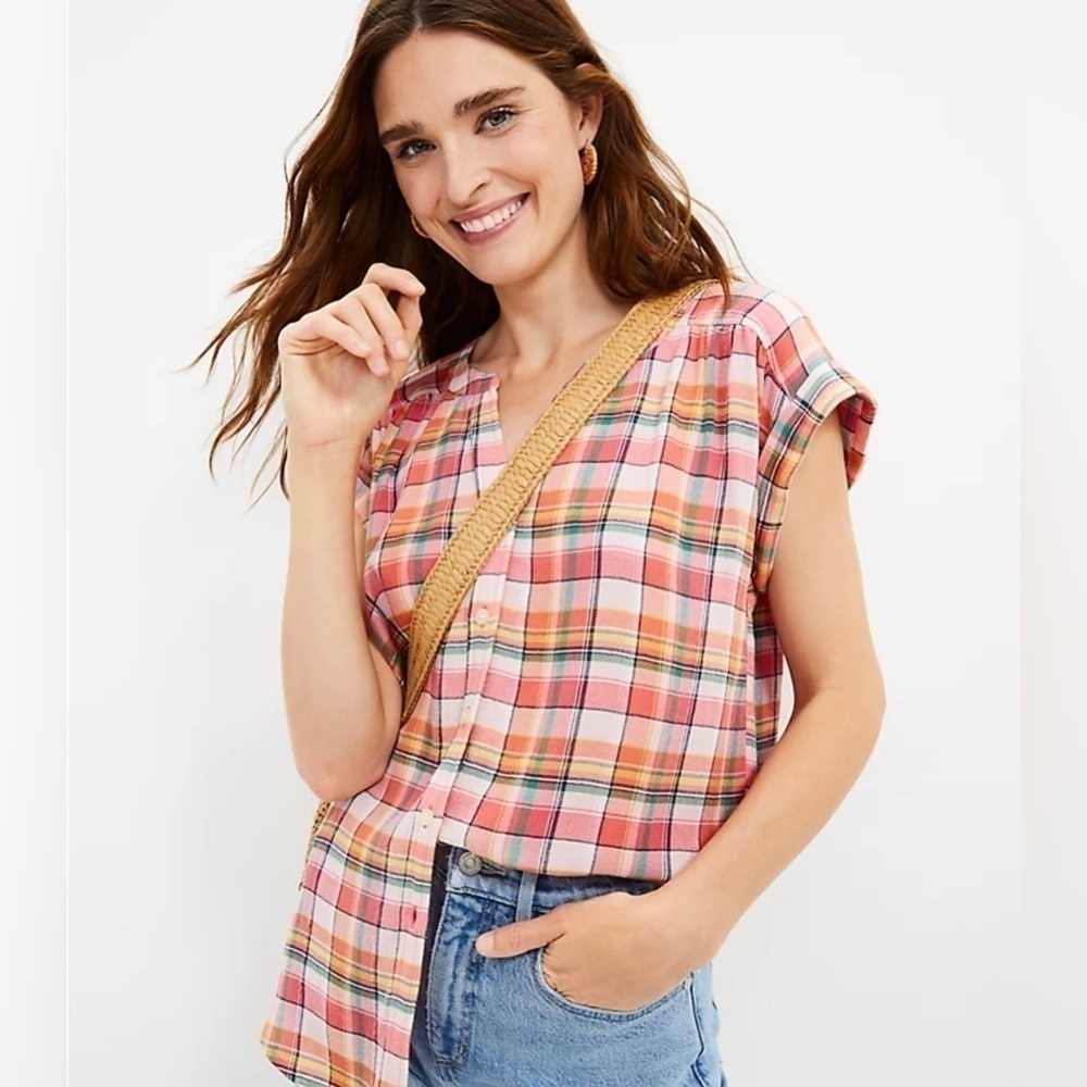LOFT Dolman Plaid. Short Sleeve Button Down Pink Top Sz XS